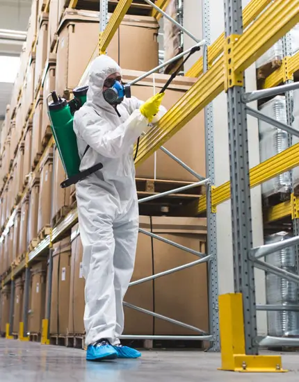 Technician performing pest control service in a warehouse in Dhaka, Bangladesh.